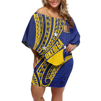 Personalised Tokelau Tokehega Day Off Shoulder Short Dress Tokelauan Tatau Flag Color LT14 Women Blue - Polynesian Pride