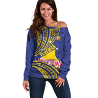 Personalised Tokelau Tokehega Day Off Shoulder Sweater Tokelauan Tatau Flag Color LT14 Women Blue - Polynesian Pride