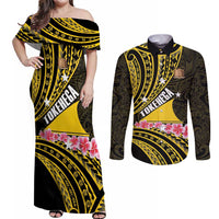 Personalised Tokelau Tokehega Day Couples Matching Off Shoulder Maxi Dress and Long Sleeve Button Shirt Tokelauan Tatau Black Color LT14 Black - Polynesian Pride