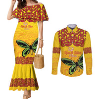 Personalised Tufi Tapa and Tattoo Festival Couples Matching Mermaid Dress and Long Sleeve Button Shirt PNG Oro Butterfly Tapa Pattern LT14 Yellow - Polynesian Pride