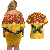 Personalised Tufi Tapa and Tattoo Festival Couples Matching Off Shoulder Short Dress and Hawaiian Shirt PNG Oro Butterfly Tapa Pattern LT14 - Polynesian Pride