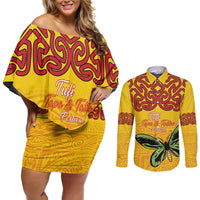 Personalised Tufi Tapa and Tattoo Festival Couples Matching Off Shoulder Short Dress and Long Sleeve Button Shirt PNG Oro Butterfly Tapa Pattern LT14 Yellow - Polynesian Pride