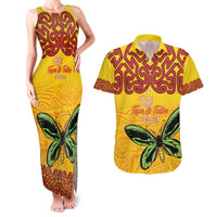 Personalised Tufi Tapa and Tattoo Festival Couples Matching Tank Maxi Dress and Hawaiian Shirt PNG Oro Butterfly Tapa Pattern LT14 Yellow - Polynesian Pride