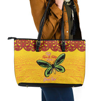 Personalised Tufi Tapa and Tattoo Festival Leather Tote Bag PNG Oro Butterfly Tapa Pattern LT14 - Polynesian Pride