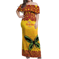 Personalised Tufi Tapa and Tattoo Festival Off Shoulder Maxi Dress PNG Oro Butterfly Tapa Pattern LT14 Women Yellow - Polynesian Pride