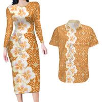 Personalised Tufi Tapa and Tattoo Festival Couples Matching Long Sleeve Bodycon Dress and Hawaiian Shirt Oro Tapa Cloth With Plumeria LT14 Brown - Polynesian Pride
