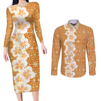 Personalised Tufi Tapa and Tattoo Festival Couples Matching Long Sleeve Bodycon Dress and Long Sleeve Button Shirt Oro Tapa Cloth With Plumeria LT14 Brown - Polynesian Pride