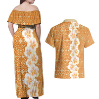 Personalised Tufi Tapa and Tattoo Festival Couples Matching Off Shoulder Maxi Dress and Hawaiian Shirt Oro Tapa Cloth With Plumeria LT14 - Polynesian Pride