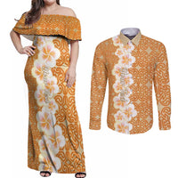 Personalised Tufi Tapa and Tattoo Festival Couples Matching Off Shoulder Maxi Dress and Long Sleeve Button Shirt Oro Tapa Cloth With Plumeria LT14 Brown - Polynesian Pride