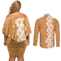 Personalised Tufi Tapa and Tattoo Festival Couples Matching Off Shoulder Short Dress and Long Sleeve Button Shirt Oro Tapa Cloth With Plumeria LT14 - Polynesian Pride