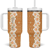 Personalised Tufi Tapa and Tattoo Festival Tumbler With Handle Oro Tapa Cloth With Plumeria LT14 One Size: 40 oz Brown - Polynesian Pride