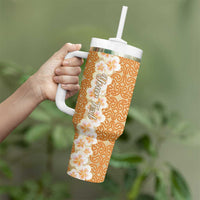 Personalised Tufi Tapa and Tattoo Festival Tumbler With Handle Oro Tapa Cloth With Plumeria LT14 - Polynesian Pride