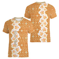 Personalised Tufi Tapa and Tattoo Festival Women V-Neck T-Shirt Oro Tapa Cloth With Plumeria LT14 - Polynesian Pride