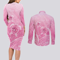 Personalised Polynesia Breast Cancer Awareness Couples Matching Long Sleeve Bodycon Dress and Long Sleeve Button Shirt No One Fights Alone Turtle Ribbon - Pink Version LT14 - Polynesian Pride