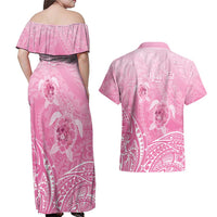 Personalised Polynesia Breast Cancer Awareness Couples Matching Off Shoulder Maxi Dress and Hawaiian Shirt No One Fights Alone Turtle Ribbon - Pink Version LT14 - Polynesian Pride