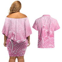 Personalised Polynesia Breast Cancer Awareness Couples Matching Off Shoulder Short Dress and Hawaiian Shirt No One Fights Alone Turtle Ribbon - Pink Version LT14 - Polynesian Pride