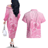 Personalised Polynesia Breast Cancer Awareness Couples Matching Off The Shoulder Long Sleeve Dress and Hawaiian Shirt No One Fights Alone Turtle Ribbon - Pink Version LT14 - Polynesian Pride