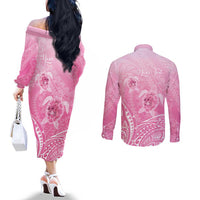 Personalised Polynesia Breast Cancer Awareness Couples Matching Off The Shoulder Long Sleeve Dress and Long Sleeve Button Shirt No One Fights Alone Turtle Ribbon - Pink Version LT14 - Polynesian Pride