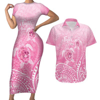 Personalised Polynesia Breast Cancer Awareness Couples Matching Short Sleeve Bodycon Dress and Hawaiian Shirt No One Fights Alone Turtle Ribbon - Pink Version LT14 Pink - Polynesian Pride