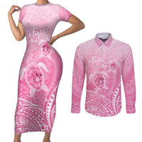 Personalised Polynesia Breast Cancer Awareness Couples Matching Short Sleeve Bodycon Dress and Long Sleeve Button Shirt No One Fights Alone Turtle Ribbon - Pink Version LT14 Pink - Polynesian Pride