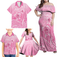 Personalised Polynesia Breast Cancer Awareness Family Matching Off Shoulder Maxi Dress and Hawaiian Shirt No One Fights Alone Turtle Ribbon - Pink Version LT14 - Polynesian Pride