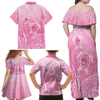 Personalised Polynesia Breast Cancer Awareness Family Matching Off Shoulder Maxi Dress and Hawaiian Shirt No One Fights Alone Turtle Ribbon - Pink Version LT14 - Polynesian Pride