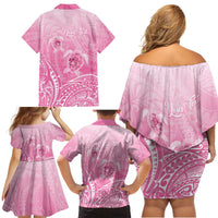 Personalised Polynesia Breast Cancer Awareness Family Matching Off Shoulder Short Dress and Hawaiian Shirt No One Fights Alone Turtle Ribbon - Pink Version LT14 - Polynesian Pride