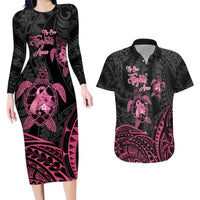 Personalised Polynesia Breast Cancer Awareness Couples Matching Long Sleeve Bodycon Dress and Hawaiian Shirt No One Fights Alone Turtle Ribbon - Black Version LT14 Black - Polynesian Pride