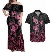 Personalised Polynesia Breast Cancer Awareness Couples Matching Off Shoulder Maxi Dress and Hawaiian Shirt No One Fights Alone Turtle Ribbon - Black Version LT14 Black - Polynesian Pride