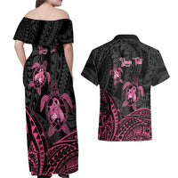 Personalised Polynesia Breast Cancer Awareness Couples Matching Off Shoulder Maxi Dress and Hawaiian Shirt No One Fights Alone Turtle Ribbon - Black Version LT14 - Polynesian Pride