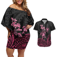 Personalised Polynesia Breast Cancer Awareness Couples Matching Off Shoulder Short Dress and Hawaiian Shirt No One Fights Alone Turtle Ribbon - Black Version LT14 Black - Polynesian Pride