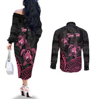 Personalised Polynesia Breast Cancer Awareness Couples Matching Off The Shoulder Long Sleeve Dress and Long Sleeve Button Shirt No One Fights Alone Turtle Ribbon - Black Version LT14 - Polynesian Pride