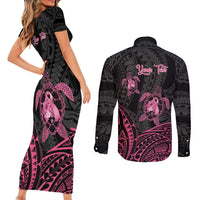 Personalised Polynesia Breast Cancer Awareness Couples Matching Short Sleeve Bodycon Dress and Long Sleeve Button Shirt No One Fights Alone Turtle Ribbon - Black Version LT14 - Polynesian Pride