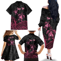 Personalised Polynesia Breast Cancer Awareness Family Matching Off The Shoulder Long Sleeve Dress and Hawaiian Shirt No One Fights Alone Turtle Ribbon - Black Version LT14 - Polynesian Pride