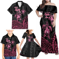 Personalised Polynesia Breast Cancer Awareness Family Matching Off Shoulder Maxi Dress and Hawaiian Shirt No One Fights Alone Turtle Ribbon - Black Version LT14 - Polynesian Pride