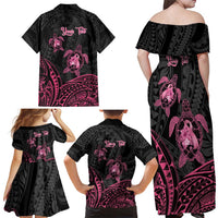 Personalised Polynesia Breast Cancer Awareness Family Matching Off Shoulder Maxi Dress and Hawaiian Shirt No One Fights Alone Turtle Ribbon - Black Version LT14 - Polynesian Pride