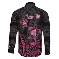 Personalised Polynesia Breast Cancer Awareness Family Matching Off Shoulder Short Dress and Hawaiian Shirt No One Fights Alone Turtle Ribbon - Black Version LT14 - Polynesian Pride