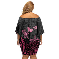 Personalised Polynesia Breast Cancer Awareness Family Matching Off Shoulder Short Dress and Hawaiian Shirt No One Fights Alone Turtle Ribbon - Black Version LT14 - Polynesian Pride