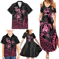 Personalised Polynesia Breast Cancer Awareness Family Matching Summer Maxi Dress and Hawaiian Shirt No One Fights Alone Turtle Ribbon - Black Version LT14 - Polynesian Pride