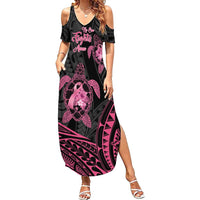 Personalised Polynesia Breast Cancer Awareness Family Matching Summer Maxi Dress and Hawaiian Shirt No One Fights Alone Turtle Ribbon - Black Version LT14 Mom's Dress Black - Polynesian Pride