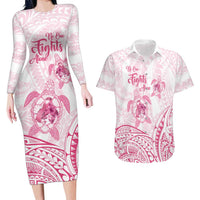 Personalised Polynesia Breast Cancer Awareness Couples Matching Long Sleeve Bodycon Dress and Hawaiian Shirt No One Fights Alone Turtle Ribbon - White Version LT14 White - Polynesian Pride