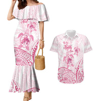 Personalised Polynesia Breast Cancer Awareness Couples Matching Mermaid Dress and Hawaiian Shirt No One Fights Alone Turtle Ribbon - White Version LT14 White - Polynesian Pride