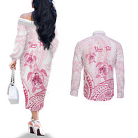 Personalised Polynesia Breast Cancer Awareness Couples Matching Off The Shoulder Long Sleeve Dress and Long Sleeve Button Shirt No One Fights Alone Turtle Ribbon - White Version LT14 - Polynesian Pride