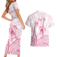 Personalised Polynesia Breast Cancer Awareness Couples Matching Short Sleeve Bodycon Dress and Hawaiian Shirt No One Fights Alone Turtle Ribbon - White Version LT14 - Polynesian Pride