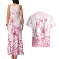 Personalised Polynesia Breast Cancer Awareness Couples Matching Tank Maxi Dress and Hawaiian Shirt No One Fights Alone Turtle Ribbon - White Version LT14 - Polynesian Pride