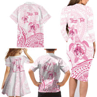 Personalised Polynesia Breast Cancer Awareness Family Matching Long Sleeve Bodycon Dress and Hawaiian Shirt No One Fights Alone Turtle Ribbon - White Version LT14 - Polynesian Pride