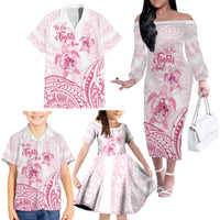Personalised Polynesia Breast Cancer Awareness Family Matching Off The Shoulder Long Sleeve Dress and Hawaiian Shirt No One Fights Alone Turtle Ribbon - White Version LT14 - Polynesian Pride