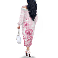 Personalised Polynesia Breast Cancer Awareness Family Matching Off The Shoulder Long Sleeve Dress and Hawaiian Shirt No One Fights Alone Turtle Ribbon - White Version LT14 - Polynesian Pride