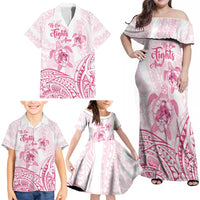 Personalised Polynesia Breast Cancer Awareness Family Matching Off Shoulder Maxi Dress and Hawaiian Shirt No One Fights Alone Turtle Ribbon - White Version LT14 - Polynesian Pride