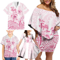 Personalised Polynesia Breast Cancer Awareness Family Matching Off Shoulder Short Dress and Hawaiian Shirt No One Fights Alone Turtle Ribbon - White Version LT14 - Polynesian Pride